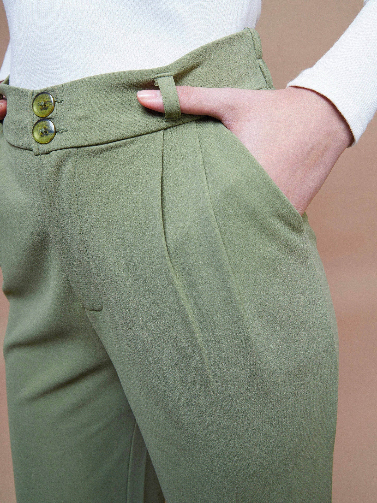 Olive Pleated Straight Stretchable Pants