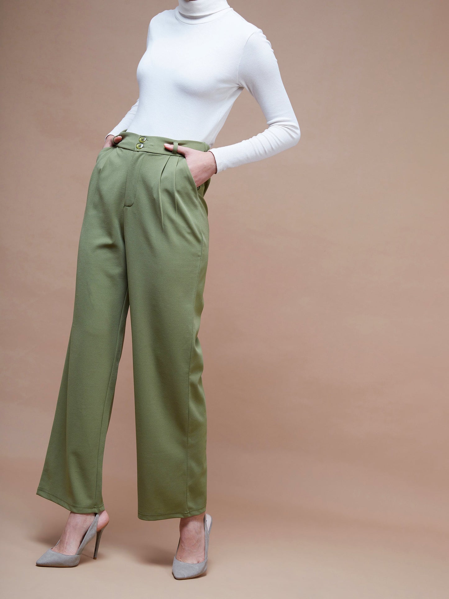 Olive Pleated Straight Stretchable Pants