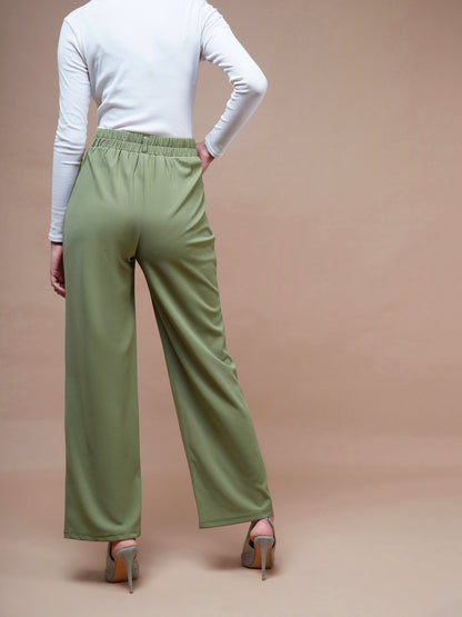 Olive Pleated Straight Stretchable Pants