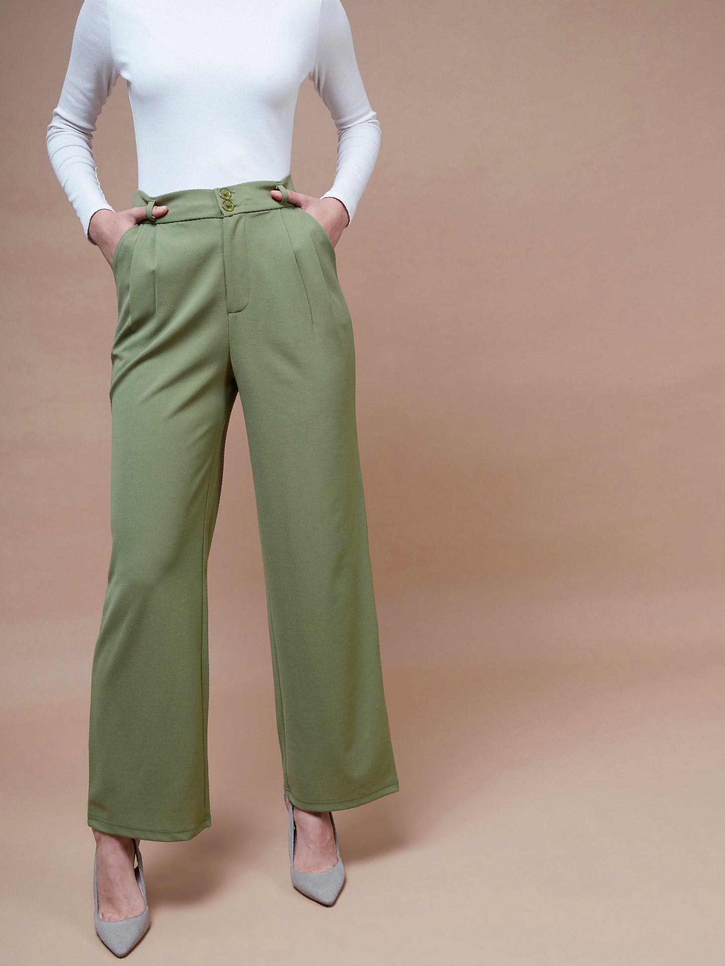 Olive Pleated Straight Stretchable Pants