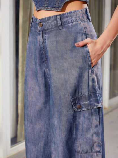 Women Blue Acid Wash Tencel Wide Leg Pants