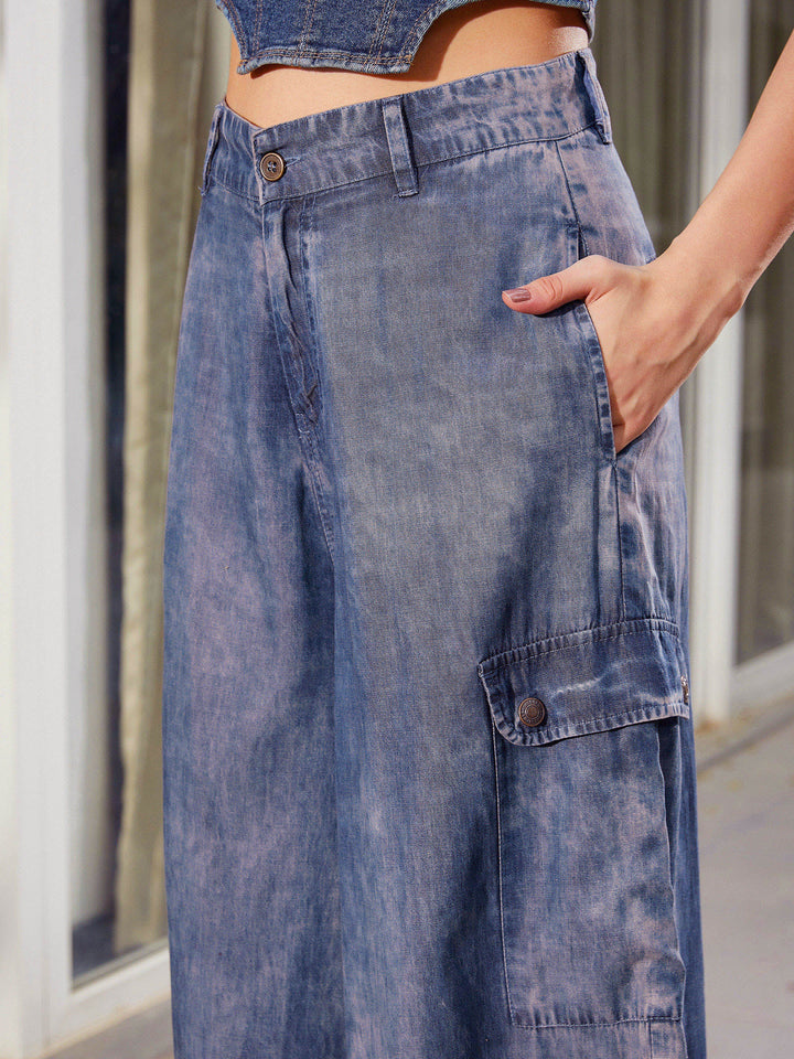 Women Blue Acid Wash Tencel Wide Leg Pants