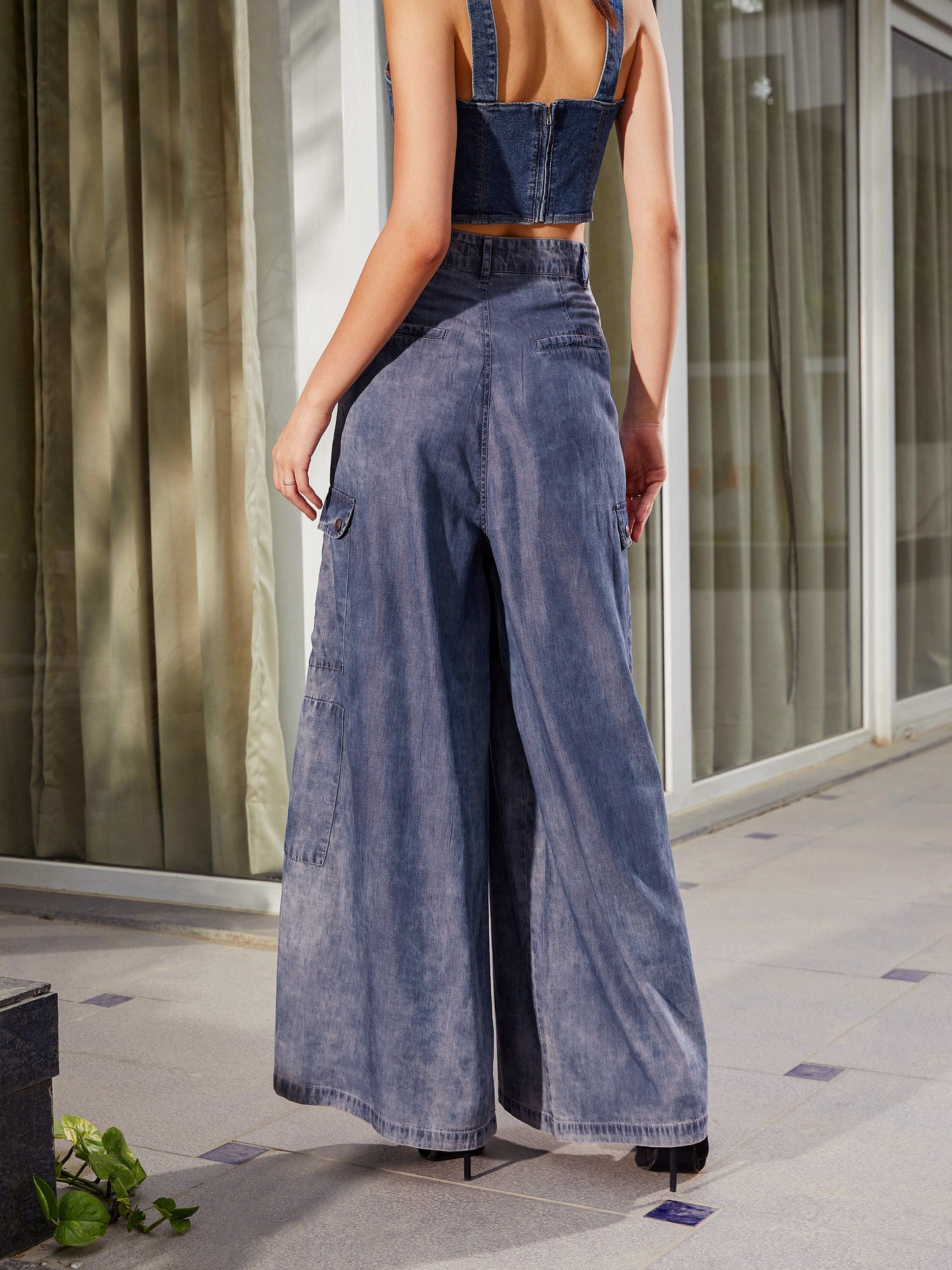 Women Blue Acid Wash Tencel Wide Leg Pants