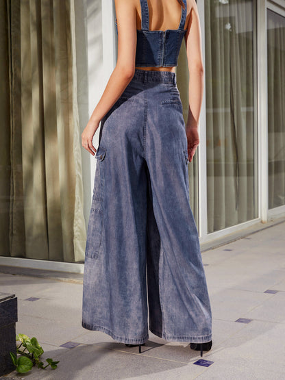 Women Blue Acid Wash Tencel Wide Leg Pants