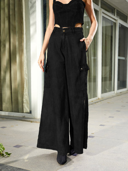 Women Black Tencel Wide Leg Pants