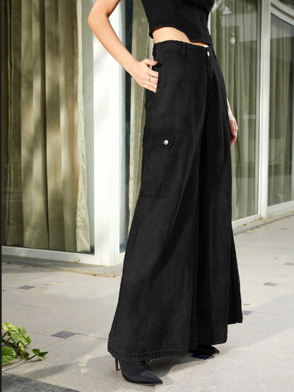 Women Black Tencel Wide Leg Pants