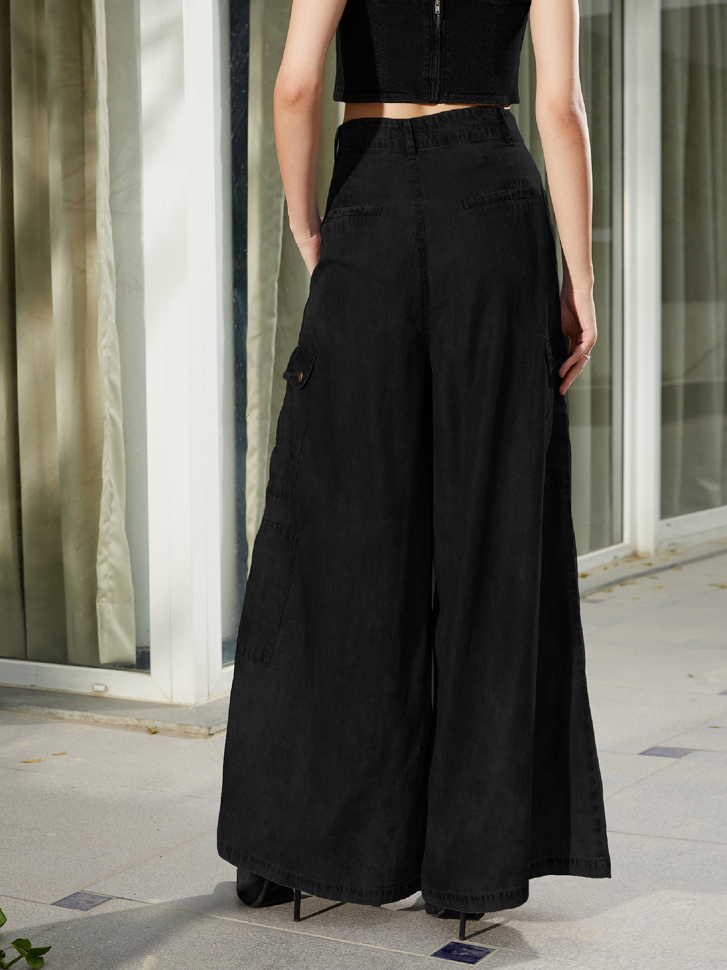 Women Black Tencel Wide Leg Pants