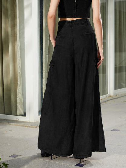 Women Black Tencel Wide Leg Pants