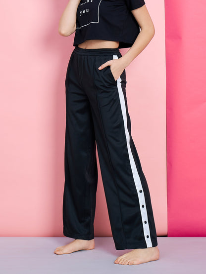 Black Side button Track Pants