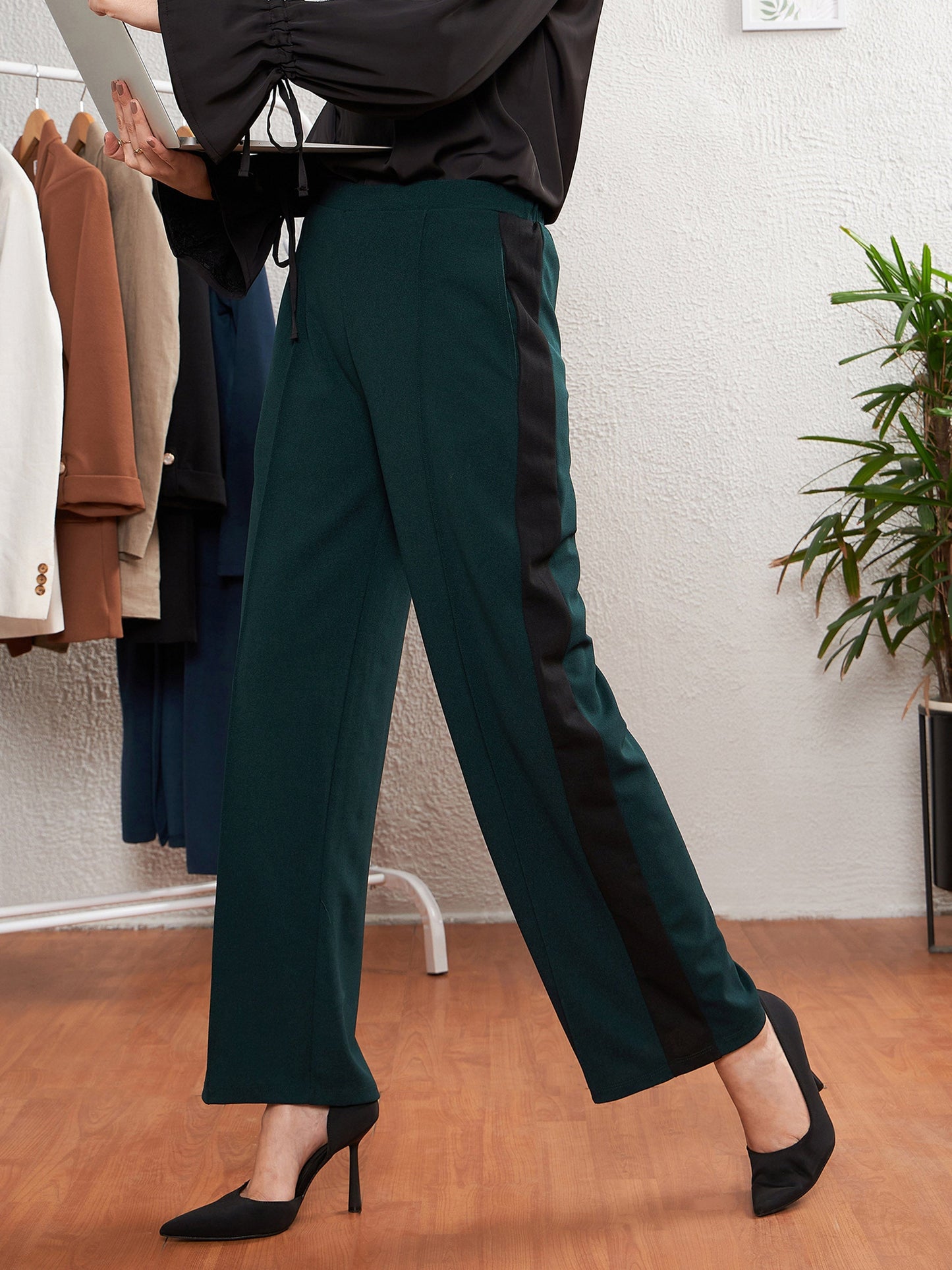 Emerald Green Side Tape Straight Pants