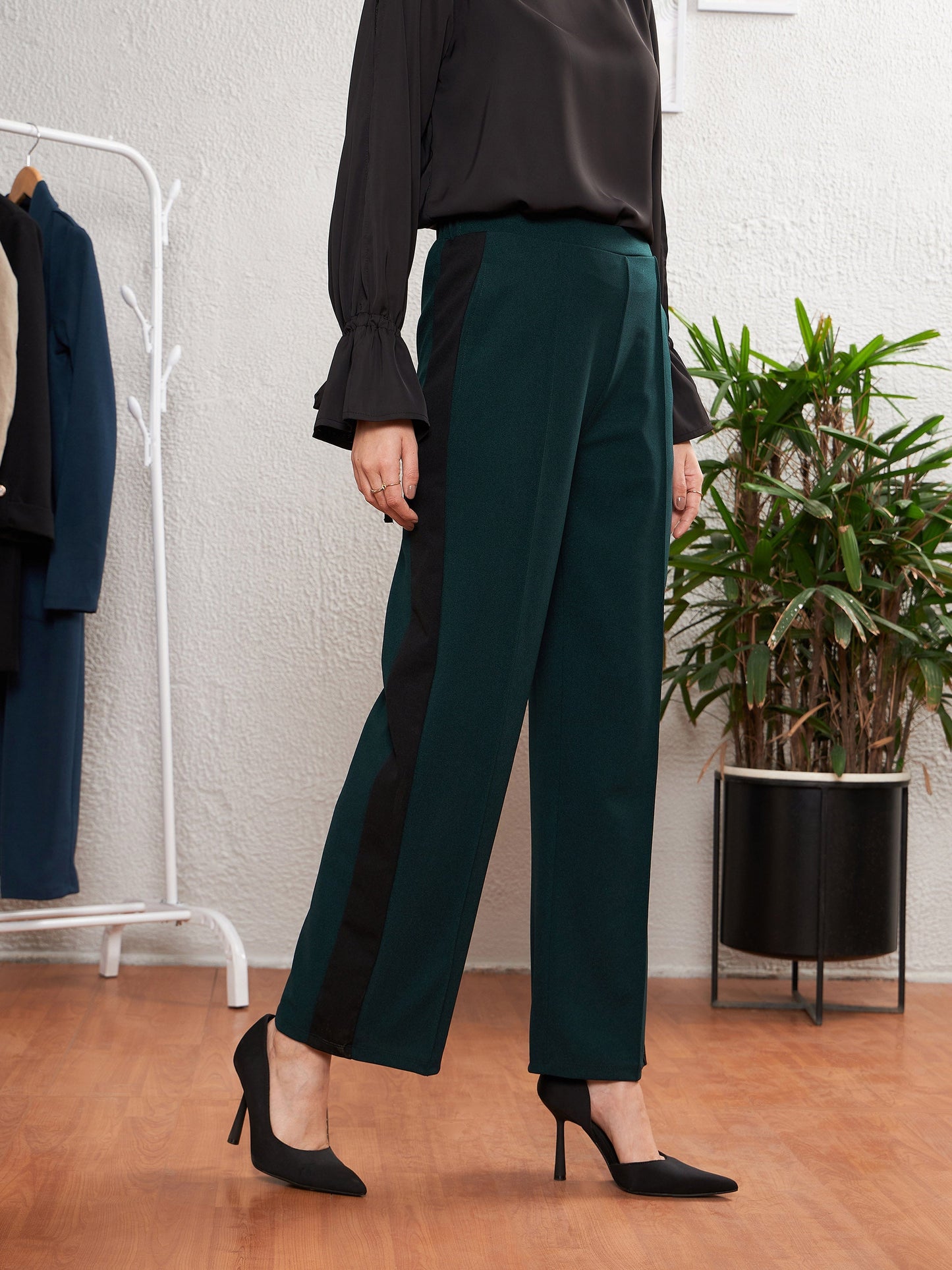 Emerald Green Side Tape Straight Pants