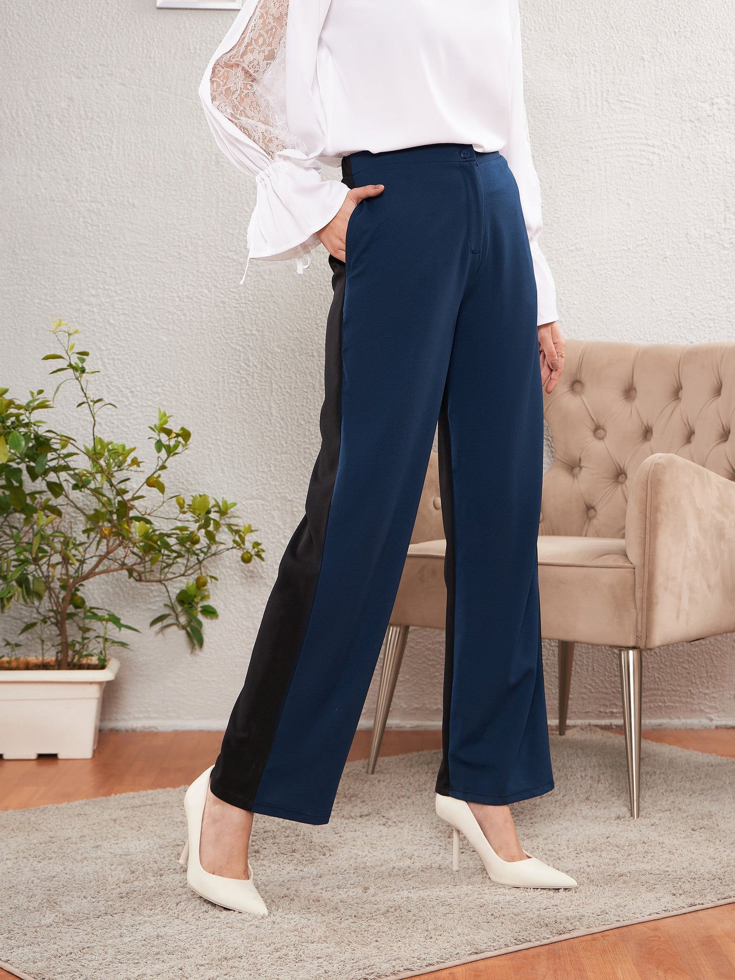 Blue & Black Color Block Straight Pants