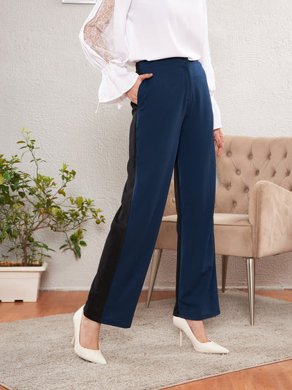 Blue & Black Color Block Straight Pants