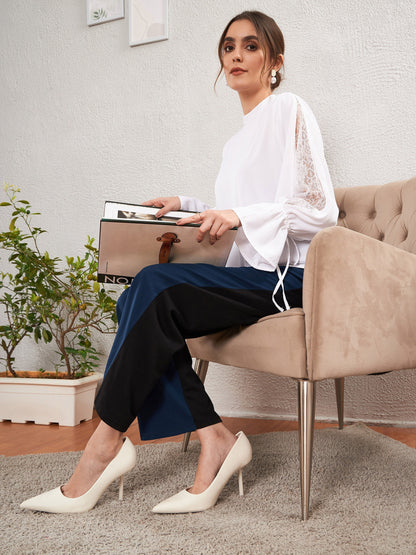 Blue & Black Color Block Straight Pants