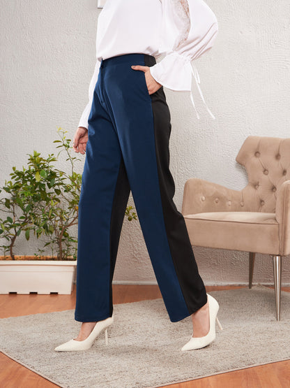 Blue & Black Color Block Straight Pants