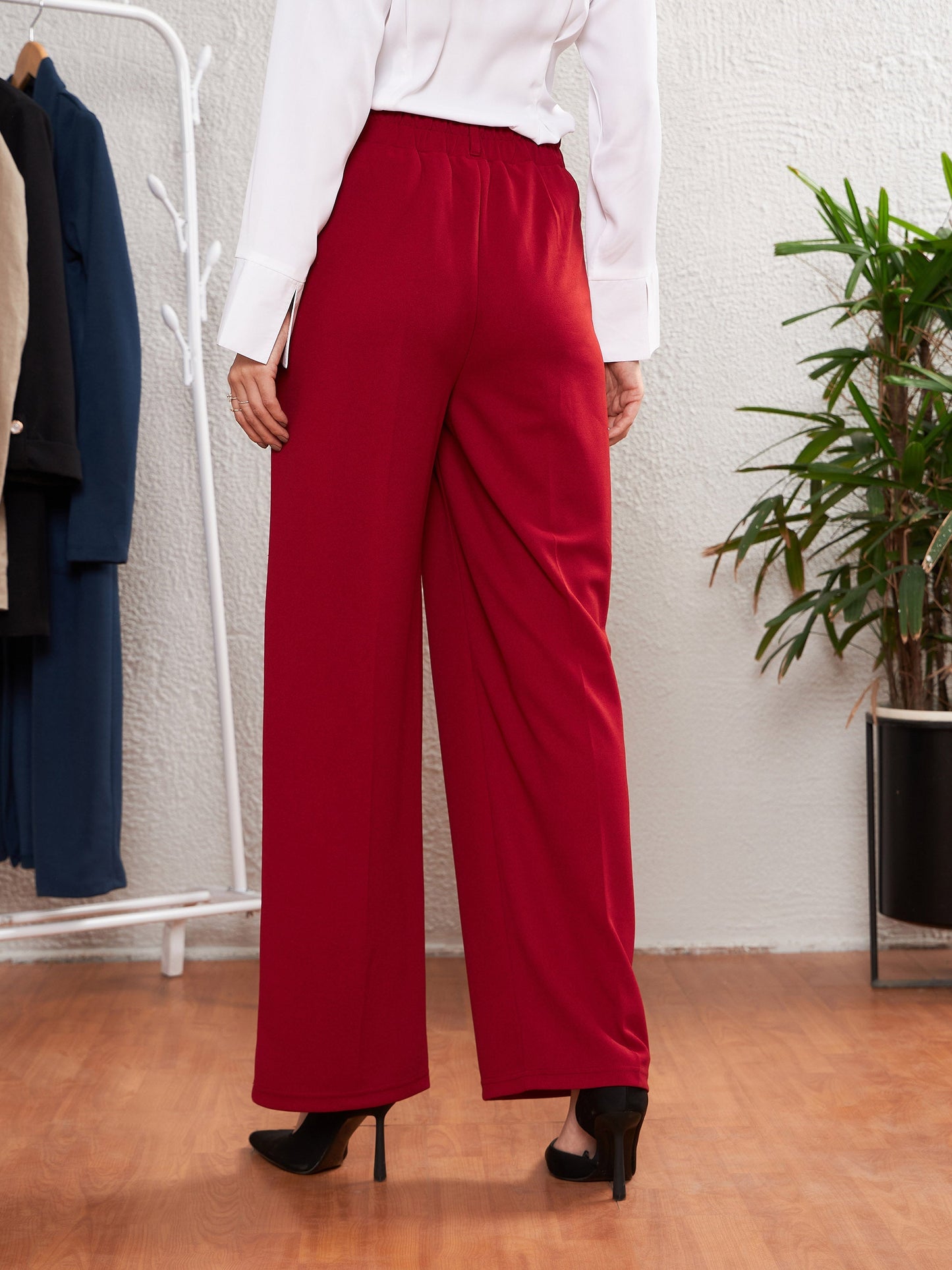 Women Red Pleated Straight Pants