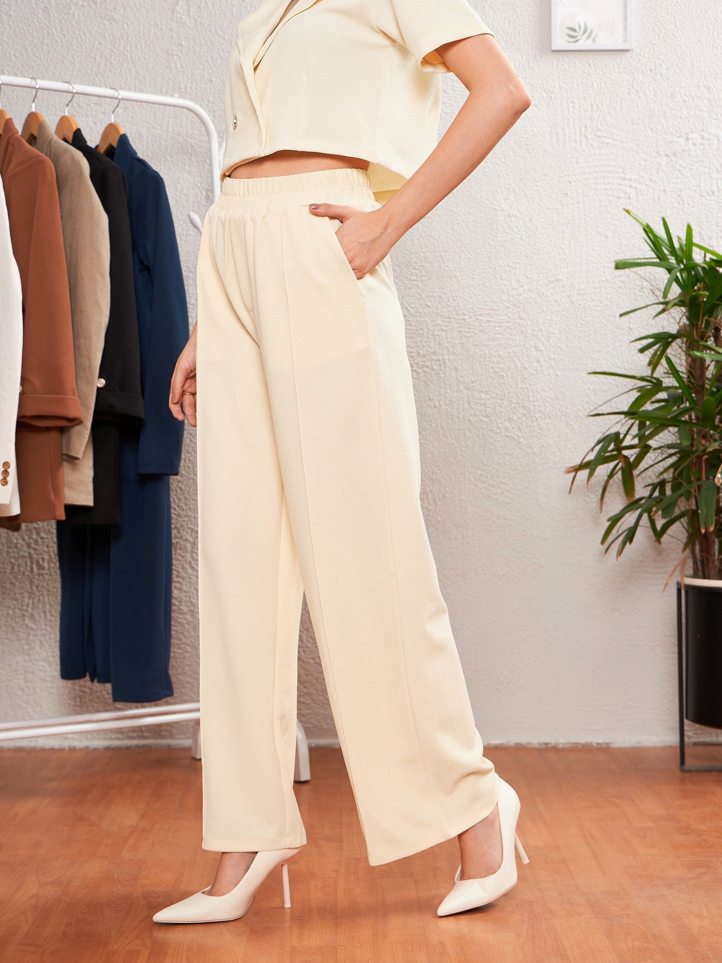 Cream Front Darted Palazzo Pants