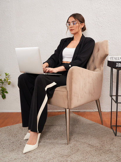 Women Black Side Tape Straight Pants