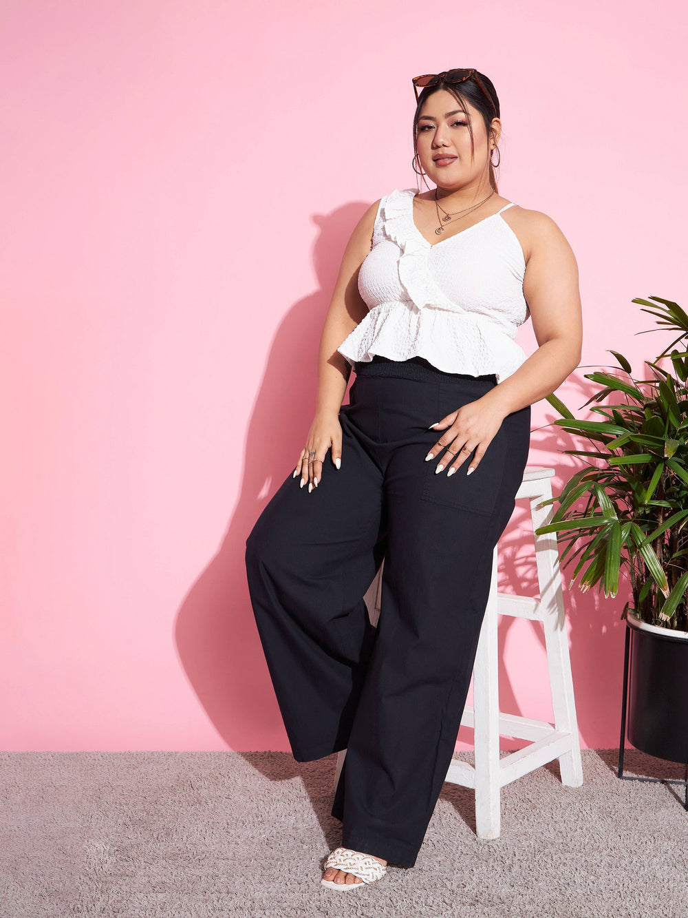 Black Tencel Smocked Waist Straight Pants-SASSAFRAS Curve