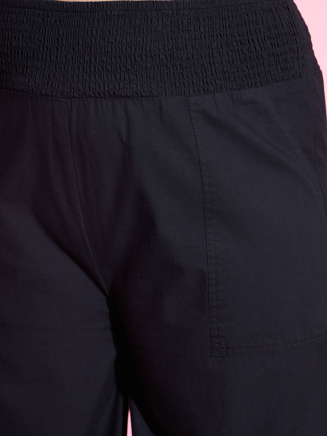 Black Tencel Smocked Waist Straight Pants-SASSAFRAS Curve