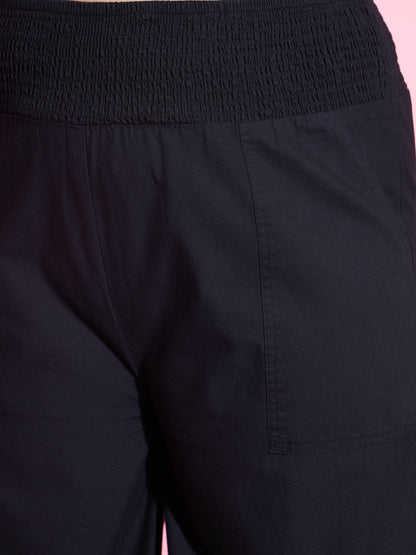Black Tencel Smocked Waist Straight Pants-SASSAFRAS Curve