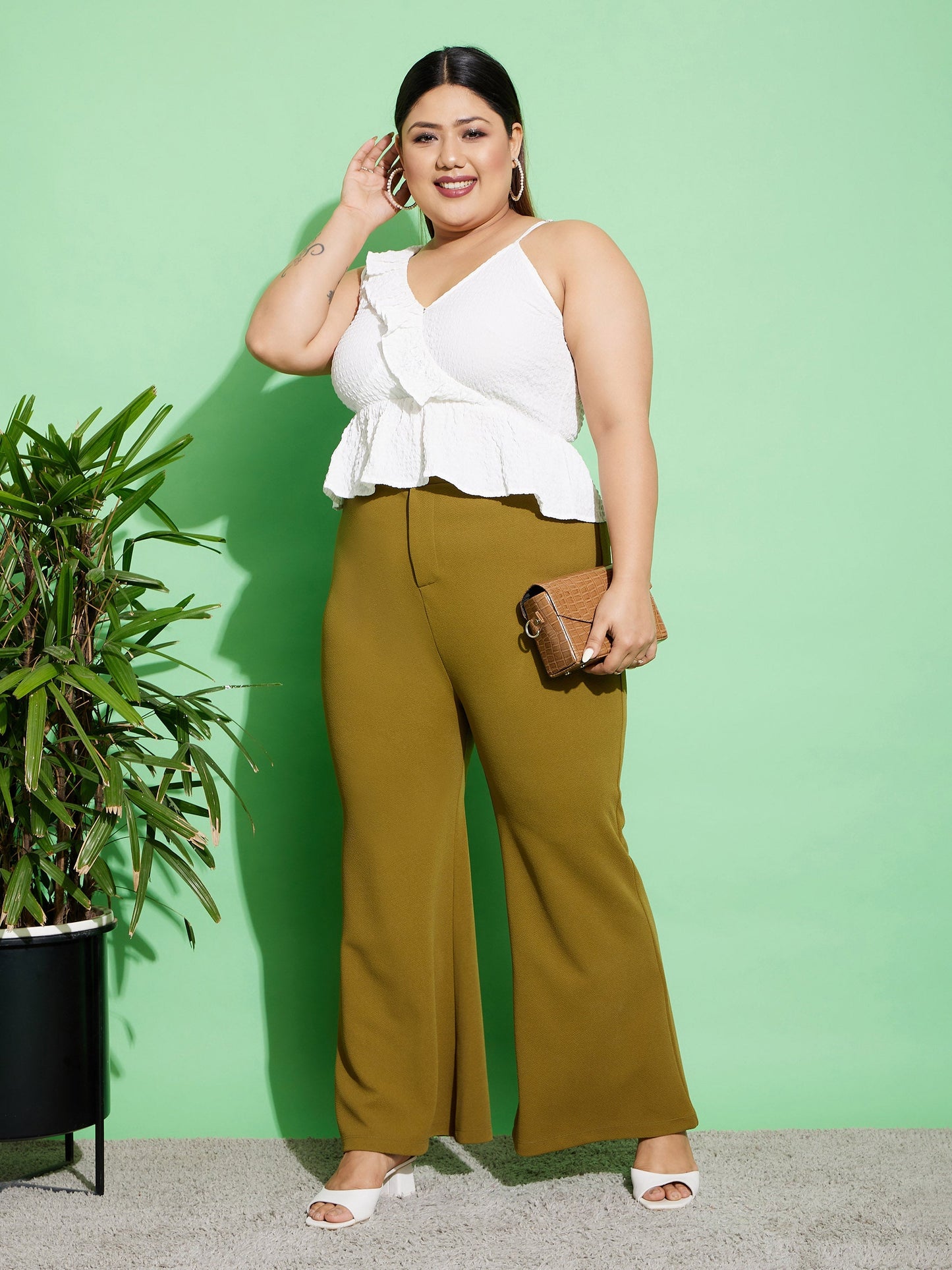 Olive Front Button Bell Bottom Pants