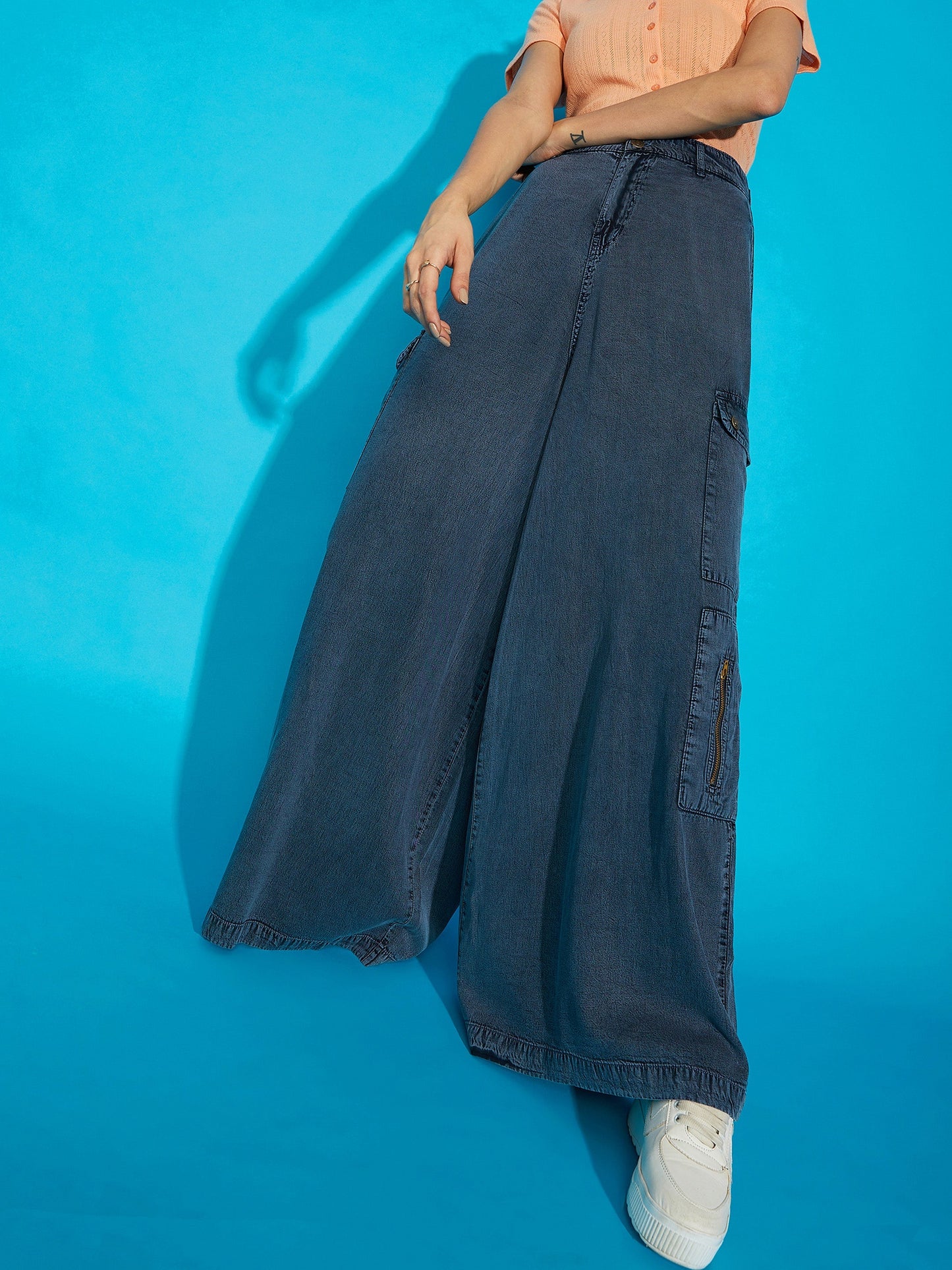 Women Grey Acid Wash Tencel Wide Leg Pants