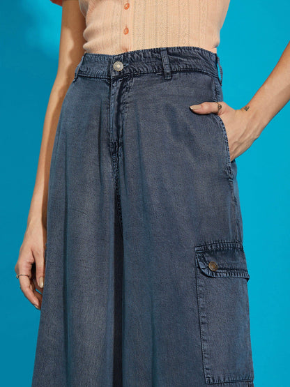 Women Grey Acid Wash Tencel Wide Leg Pants
