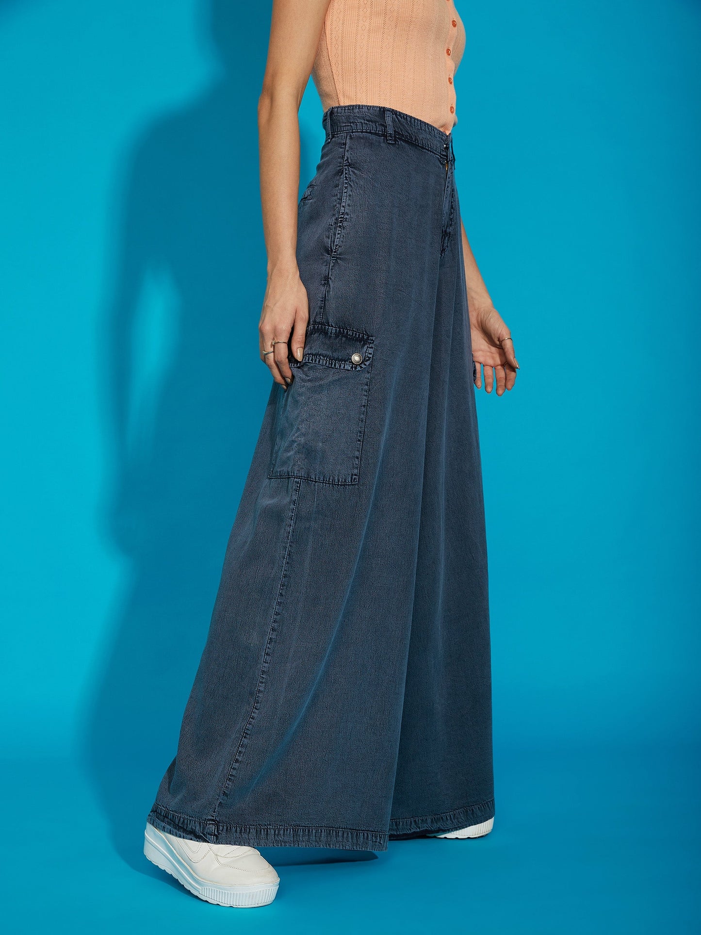 Women Grey Acid Wash Tencel Wide Leg Pants