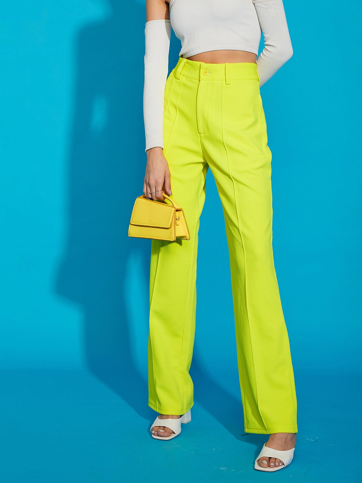 Neon Yellow Knitted Front Darted Pants