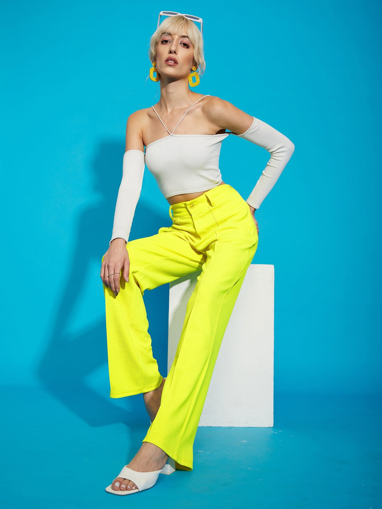 Neon Yellow Knitted Front Darted Pants