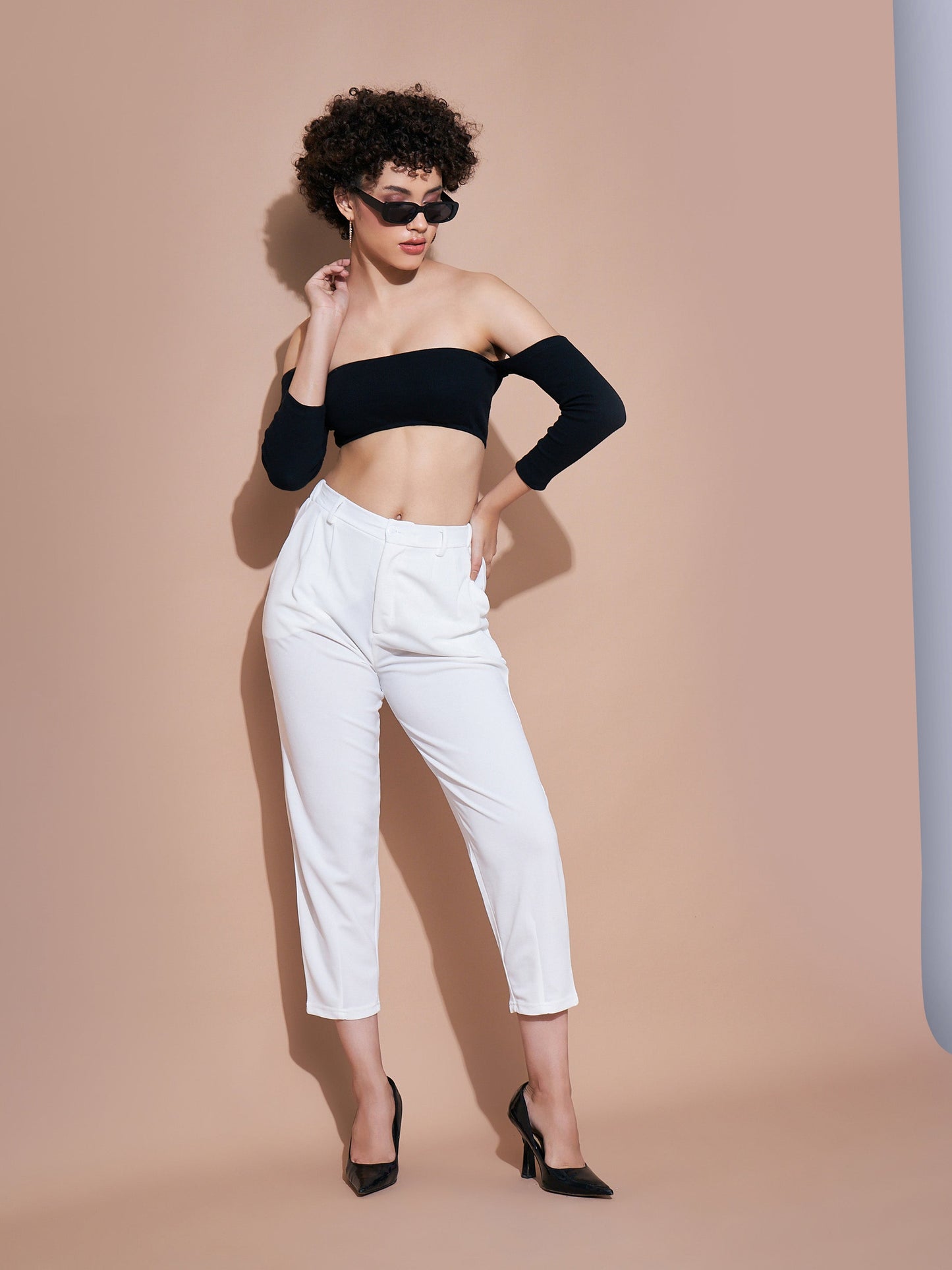 White Stretch Knit Tapered Pants