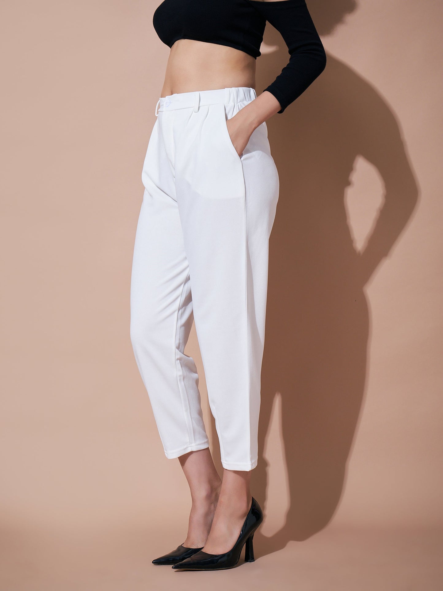 White Stretch Knit Tapered Pants