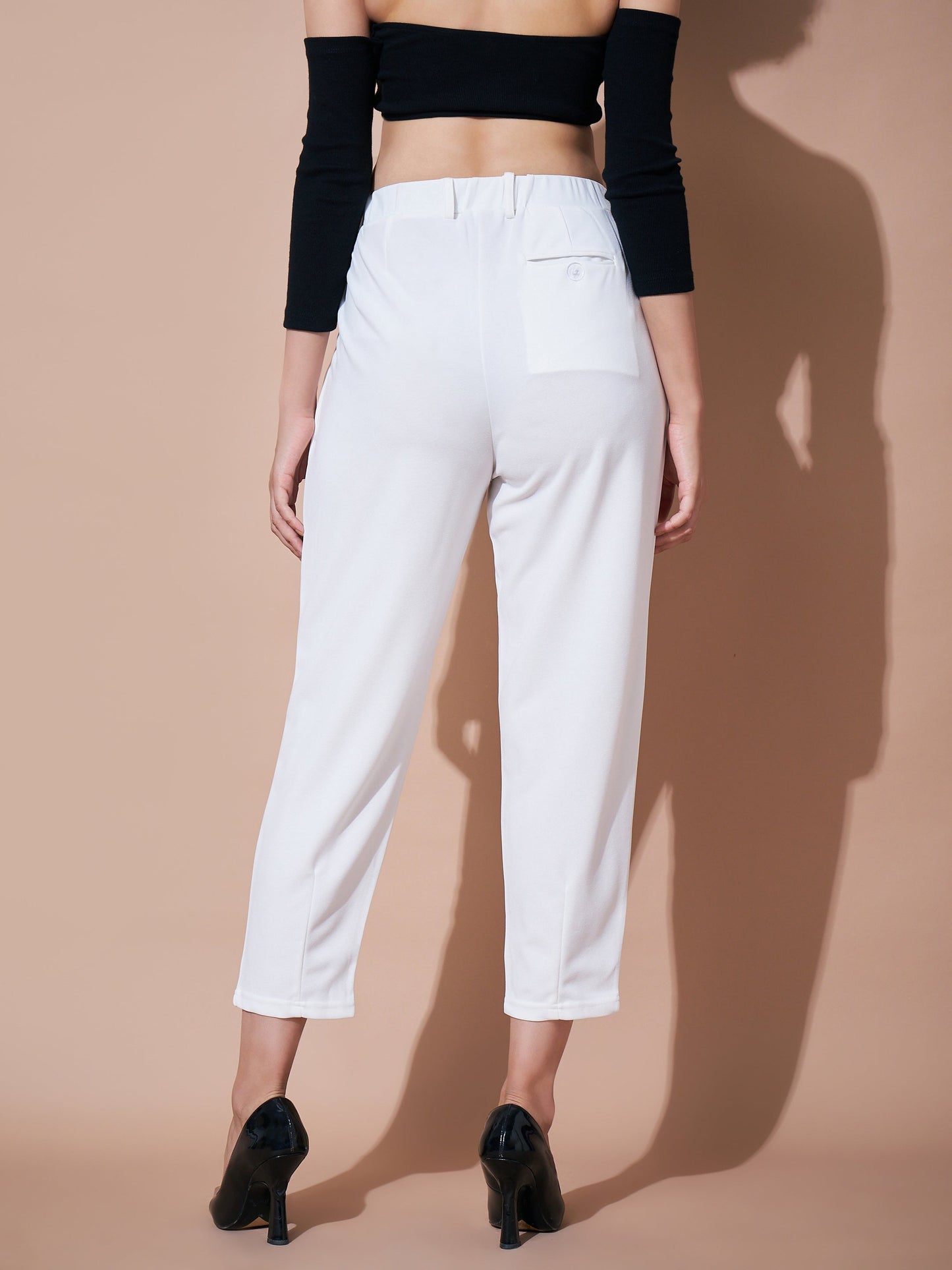 White Stretch Knit Tapered Pants