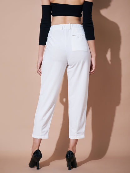 White Stretch Knit Tapered Pants