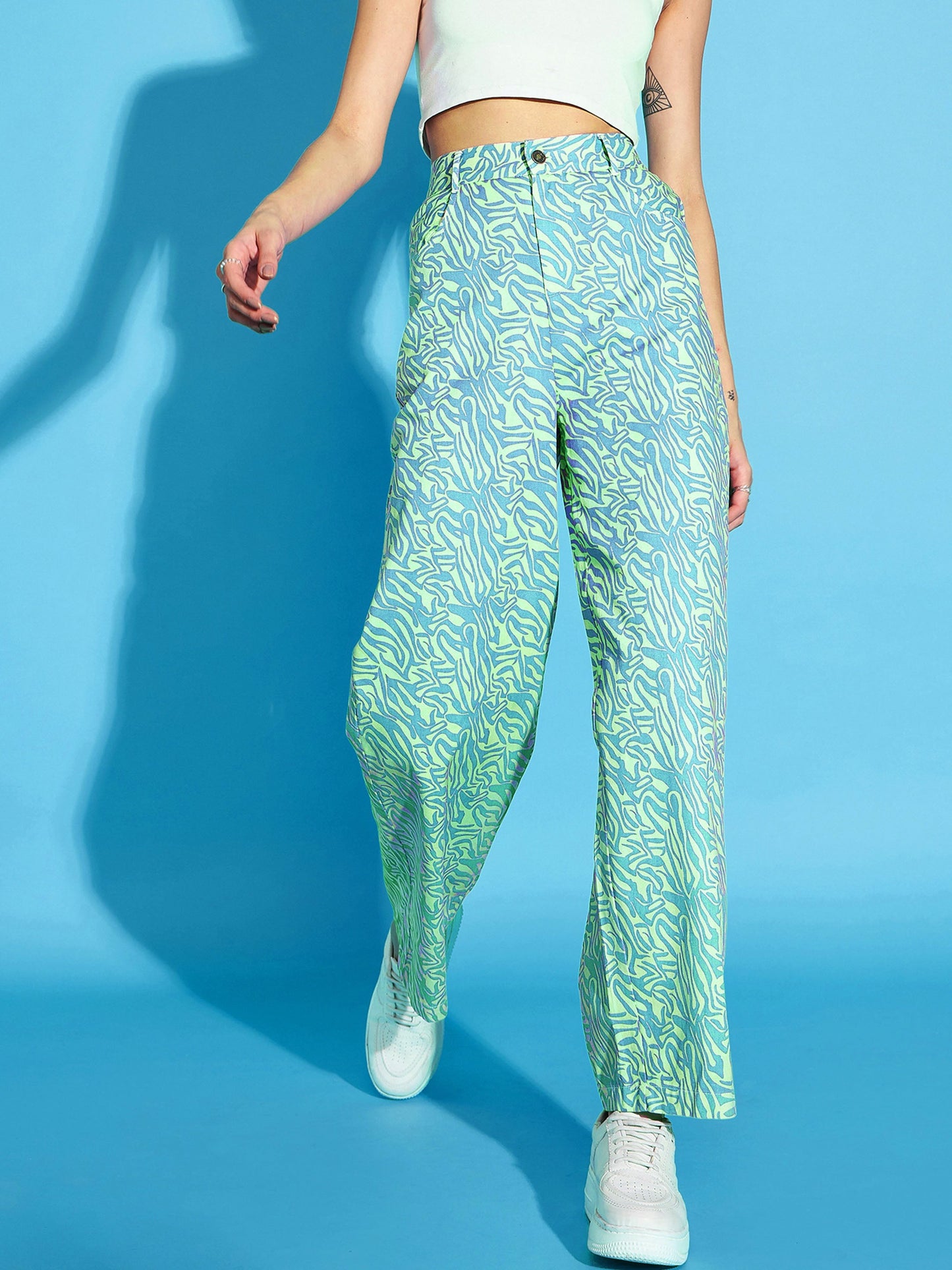 Green Printed Twill Straight Pants