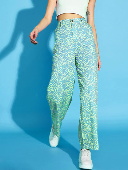 Green Printed Twill Straight Pants