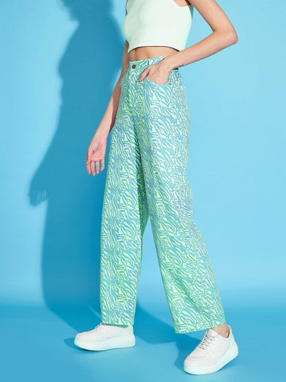 Green Printed Twill Straight Pants