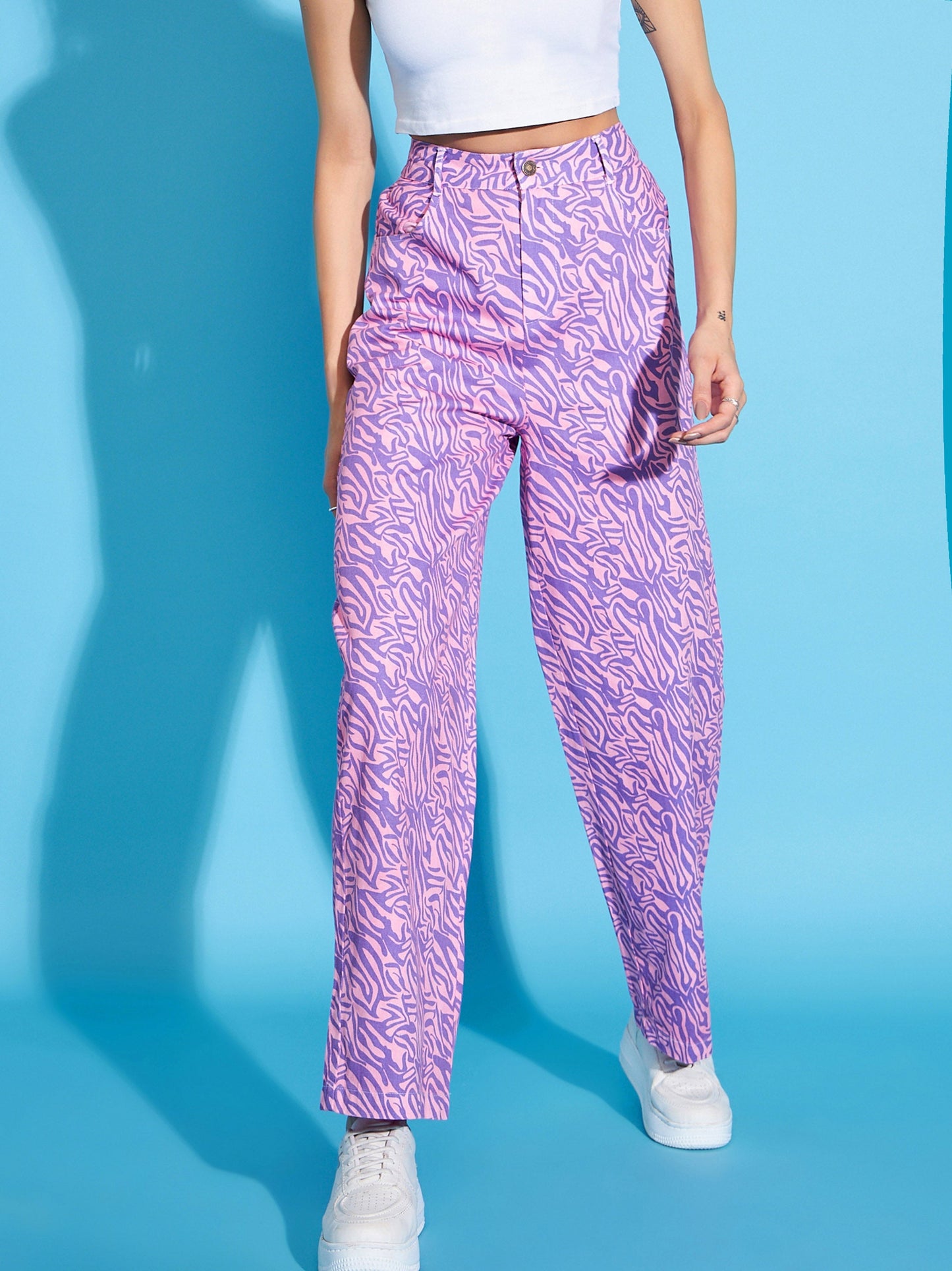 Pink Printed Twill Straight Pants