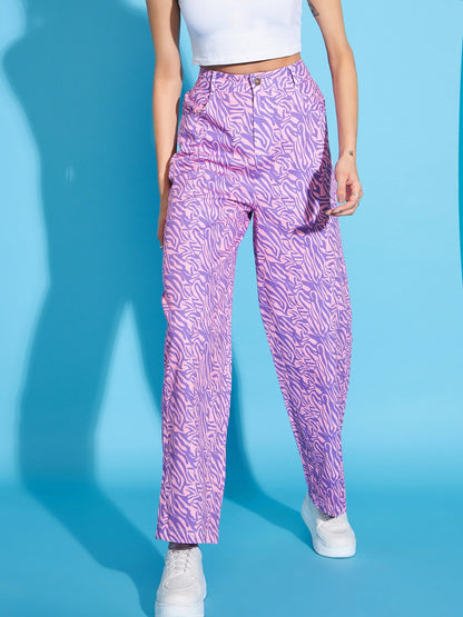 Pink Printed Twill Straight Pants