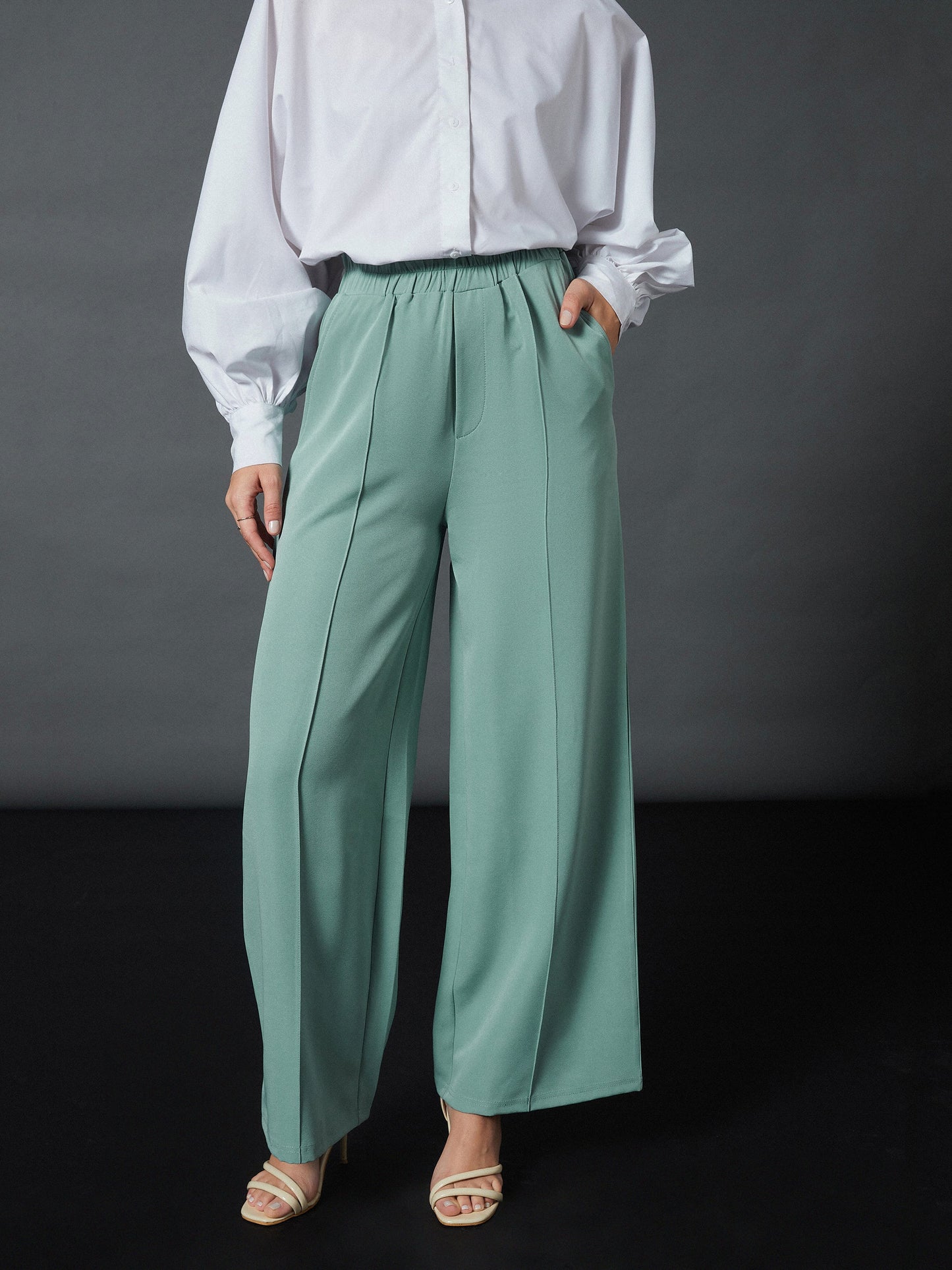Blue Front Darted Palazzo Pants