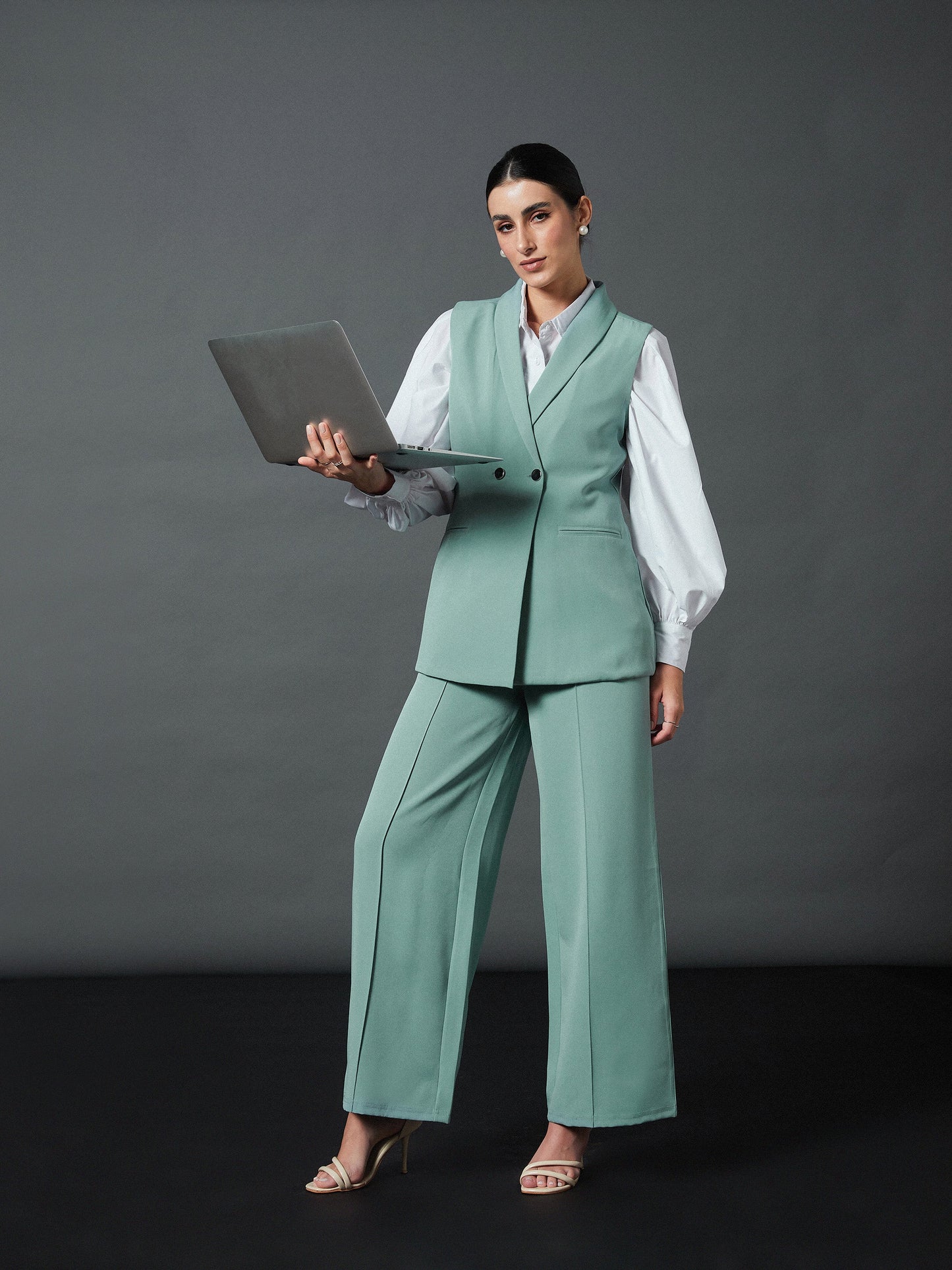 Blue Front Darted Palazzo Pants
