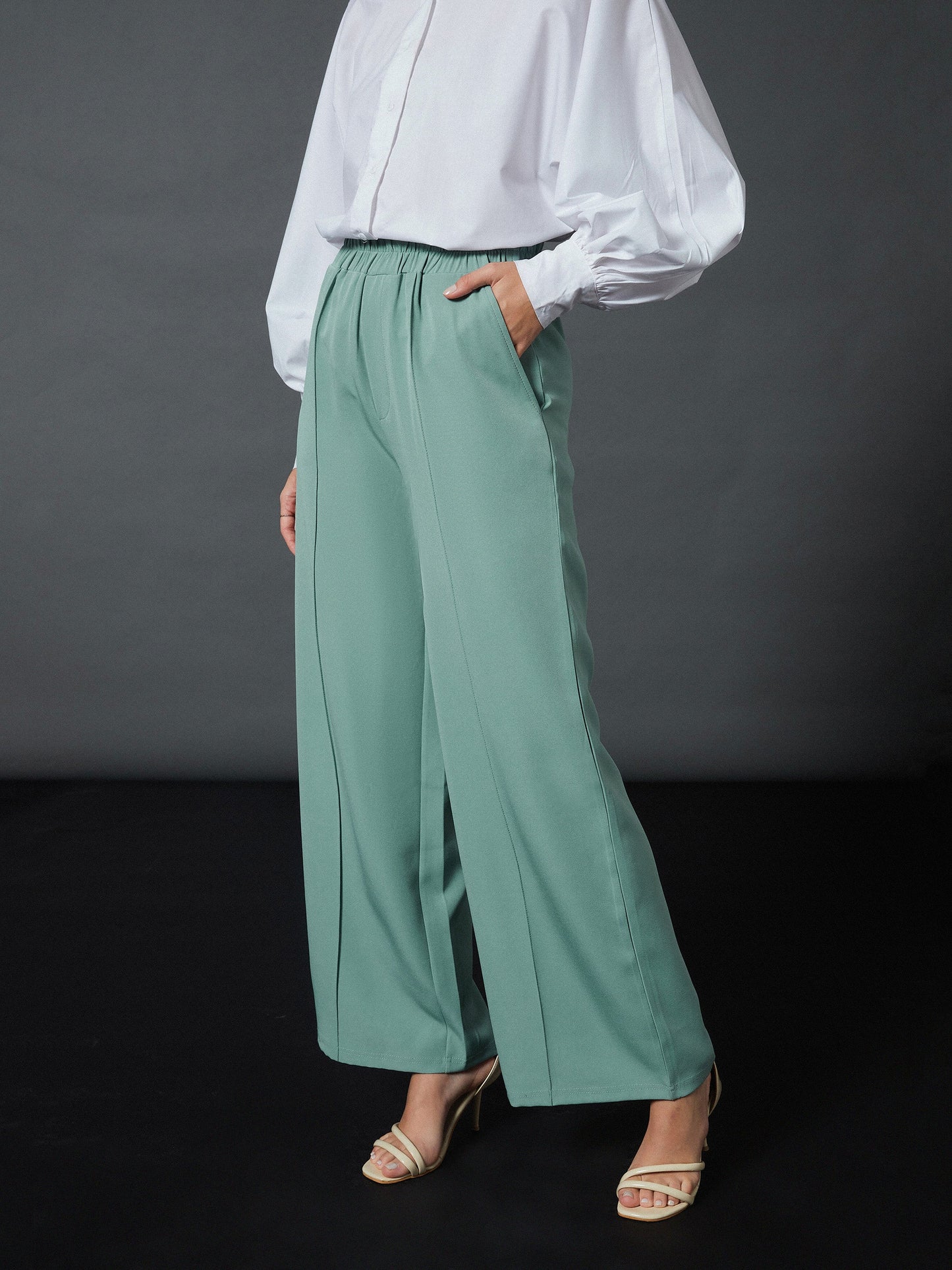 Blue Front Darted Palazzo Pants