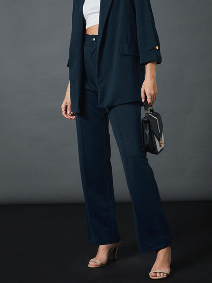 Women Airforce Blue Front Darted Stretchable Pants