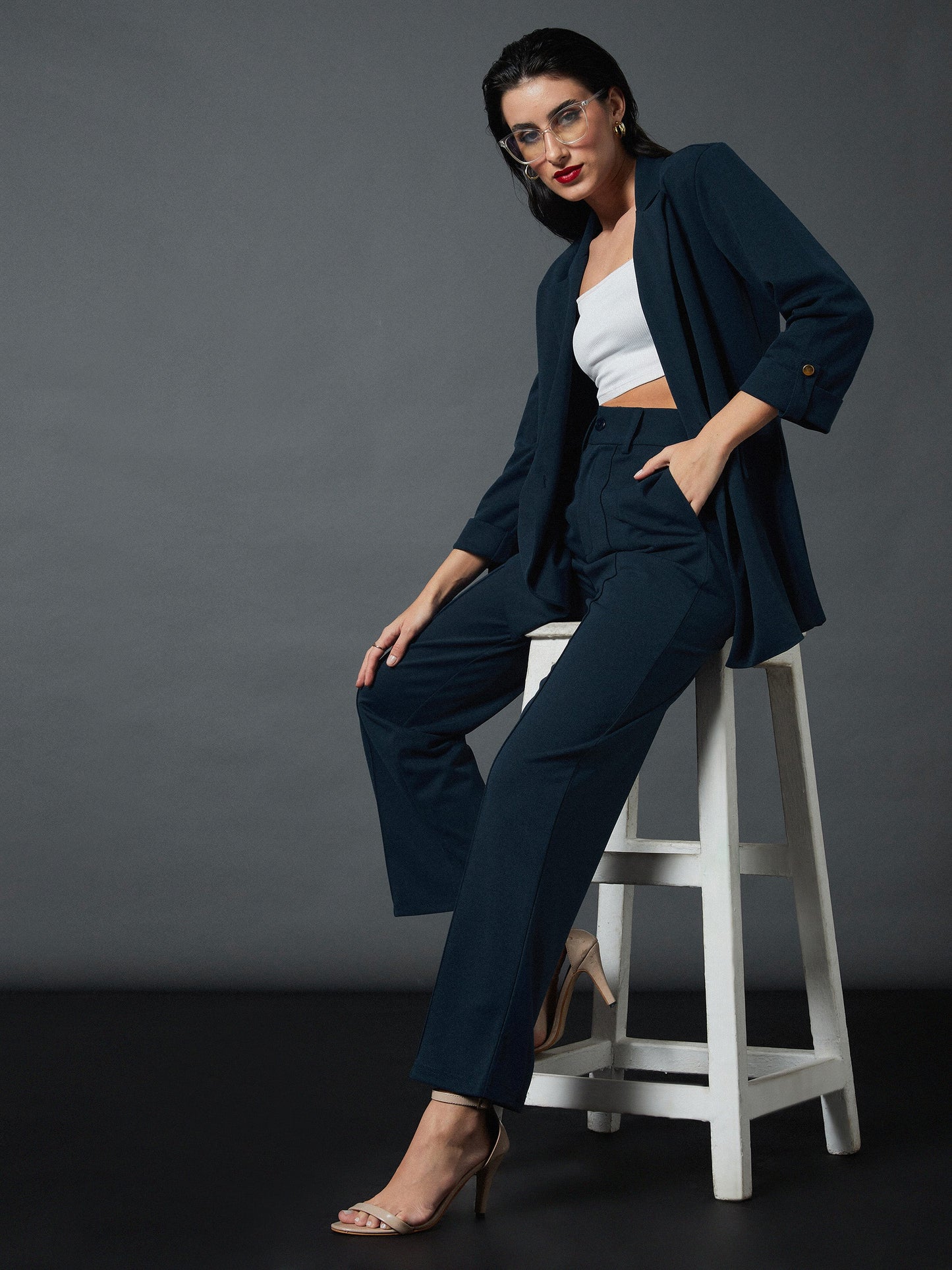 Women Airforce Blue Front Darted Stretchable Pants