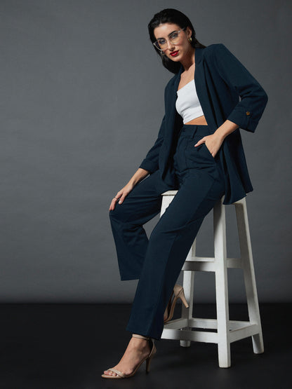 Women Airforce Blue Front Darted Stretchable Pants