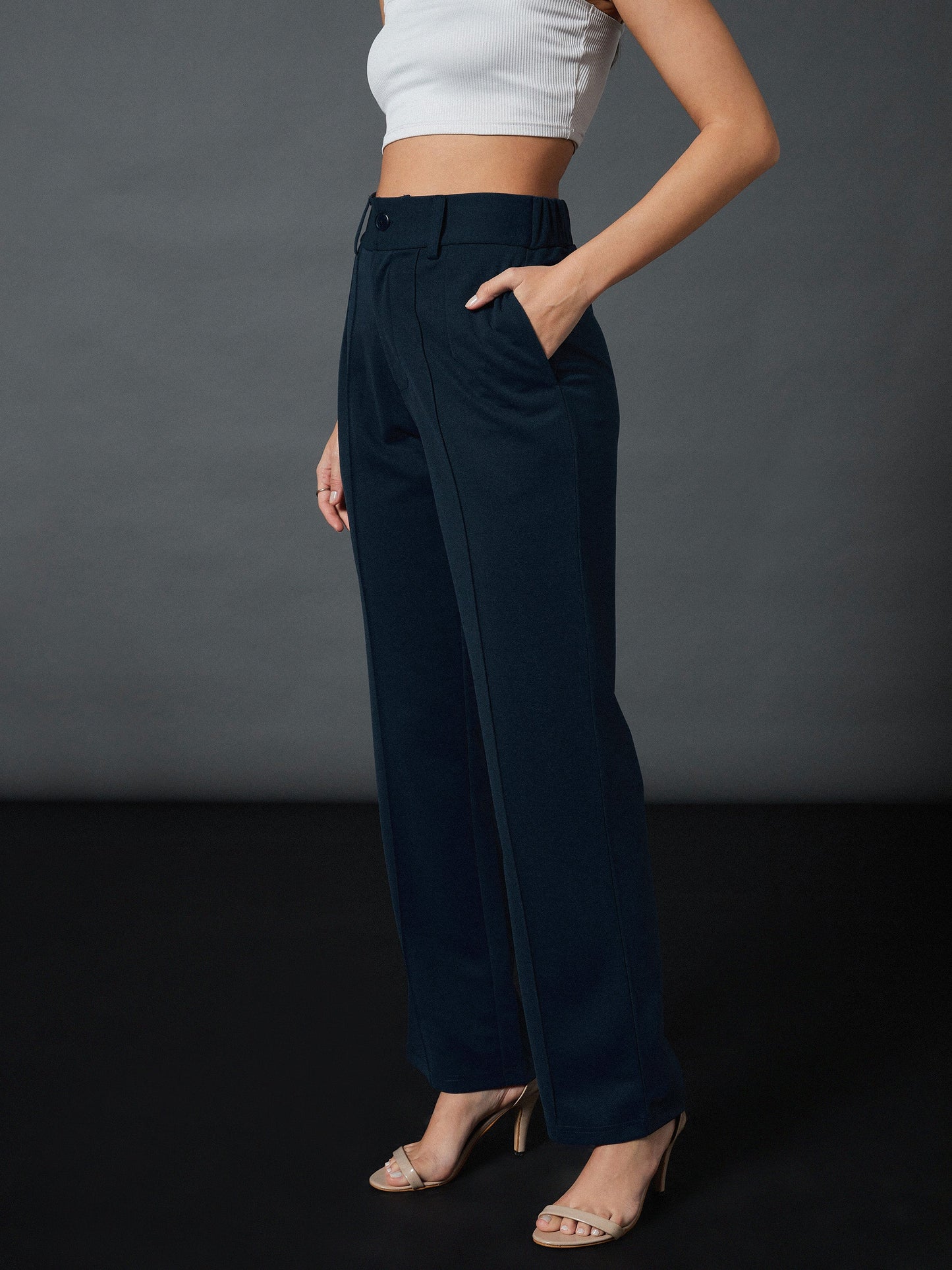 Women Airforce Blue Front Darted Stretchable Pants