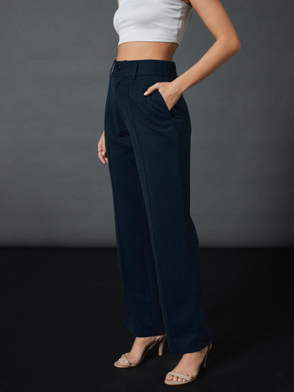 Women Airforce Blue Front Darted Stretchable Pants