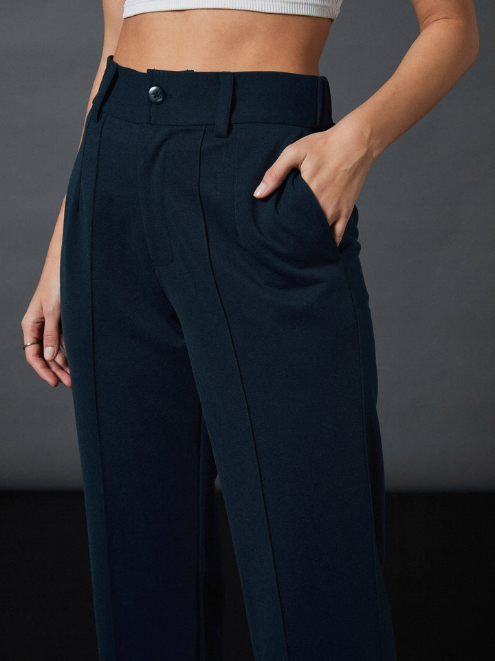 Women Airforce Blue Front Darted Stretchable Pants