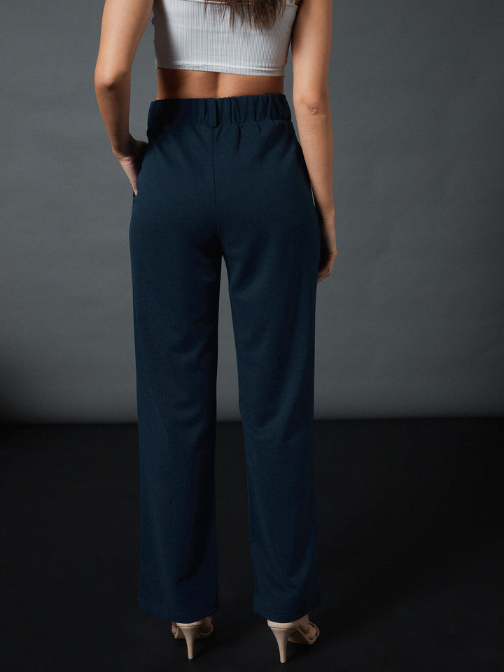 Women Airforce Blue Front Darted Stretchable Pants
